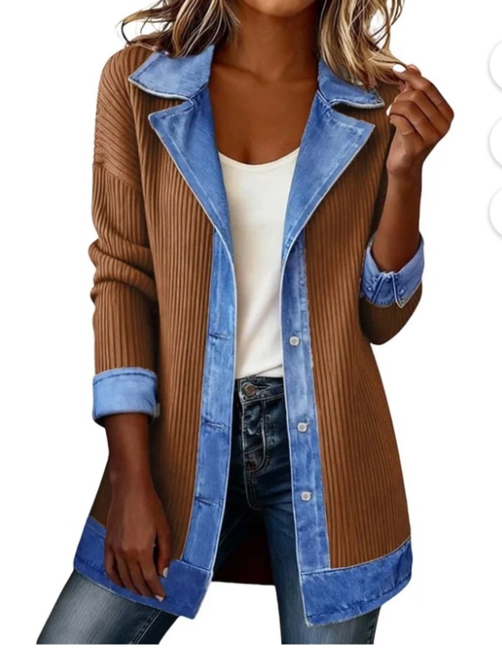 Denim-Trim Ribbed Knit Blazer